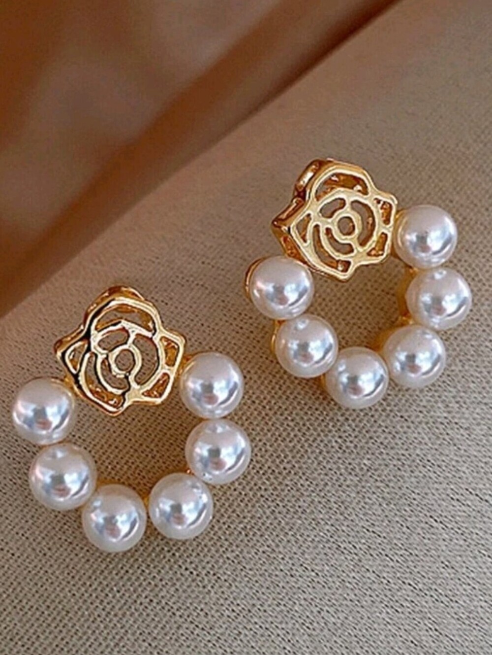 Gold Pearl Rose Hoop Earrings - Elegant Women's Jewelry
